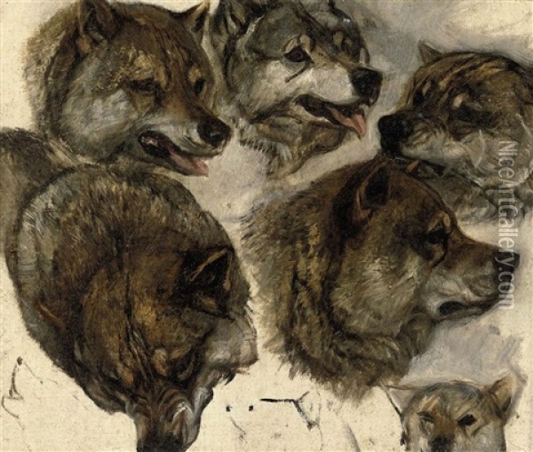 Huskies' Heads (study) (+ Another; 2 Works) Oil Painting - George Bouverie Goddard