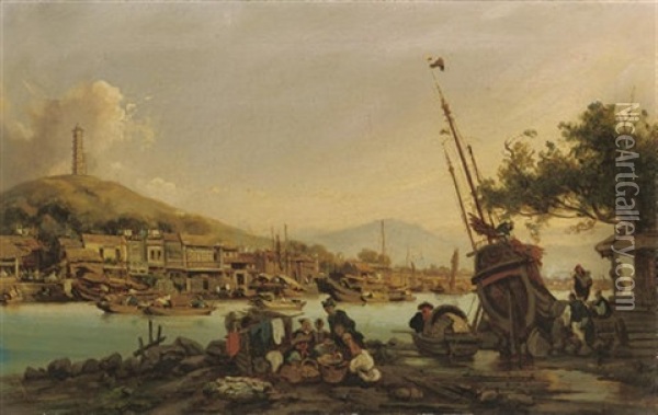 Harbour Scene In The Pearl River Delta With Fisherfolk In The Foreground And A Pagoda On A Hilltop Beyond Oil Painting - Auguste Borget