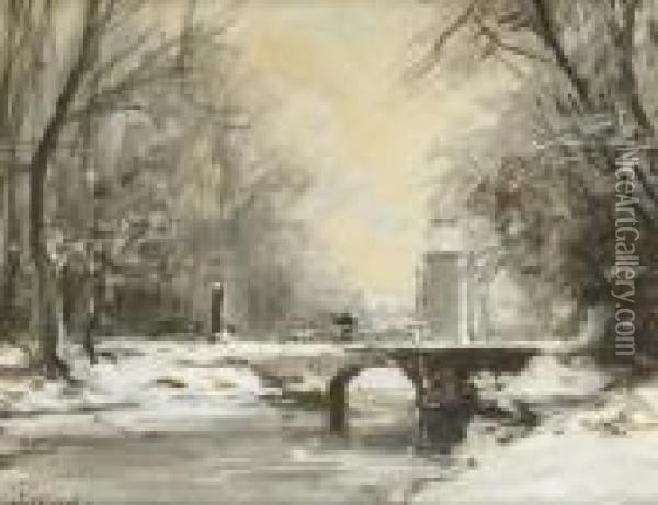 Crossing A Bridge In Winter Oil Painting - Louis Apol