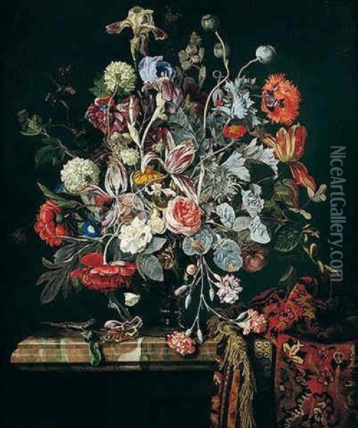 A Still Life Of Flowers In A Glass Vase On A Marble Ledge Partly Draped With A Carpet Oil Painting - Hendrik de Fromantiou