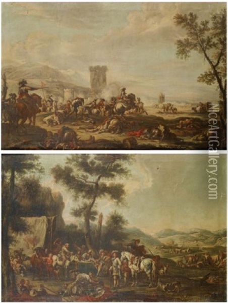 Scene De Batailles (+ Le Repos Des Militaires; Pair) Oil Painting - Francesco Simonini