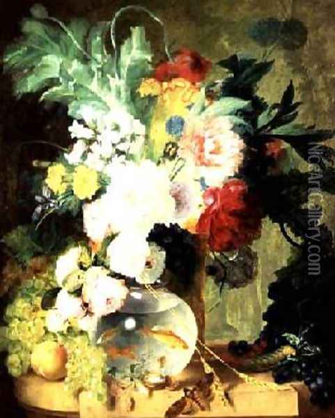 Still Life with Flowers and Fishbowl Oil Painting - C. Kuipers