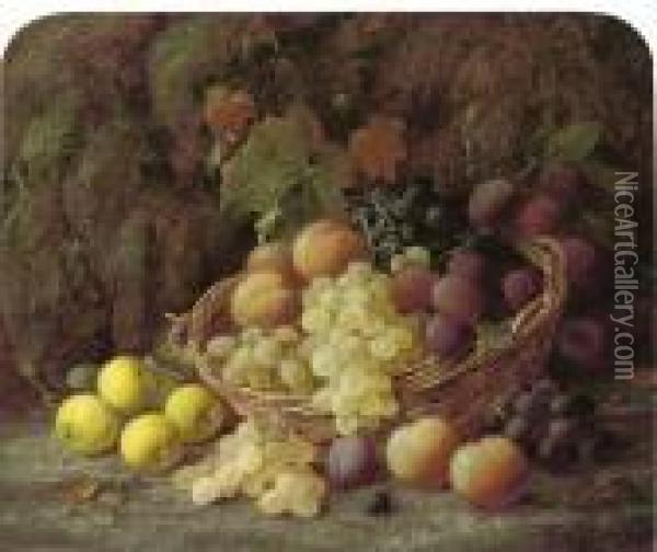Peaches, Grapes And Plums In A Basket With Apples On A Mossy Bank Oil Painting - Vincent Clare