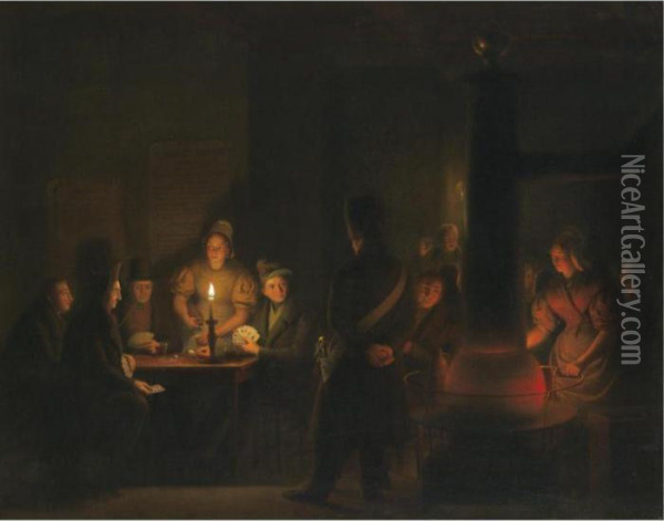 The Card Game Interrupted Oil Painting - Petrus van Schendel