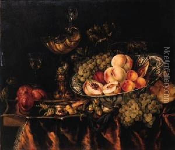 Peaches, Grapes, Apricots, A Fig
 And A Plum In A Wan-li - Dish, Abun, Grapes, A Fob-watch, A Shrimp, 
Hazelnuts, Plums And Sweetmeaton A Puntschotel, A Nautilus Shell On A 
Silver Gilt Stand And Afaon-de-venise Wineglass On A Draped Table Oil Painting - Abraham Hendrickz Van Beyeren