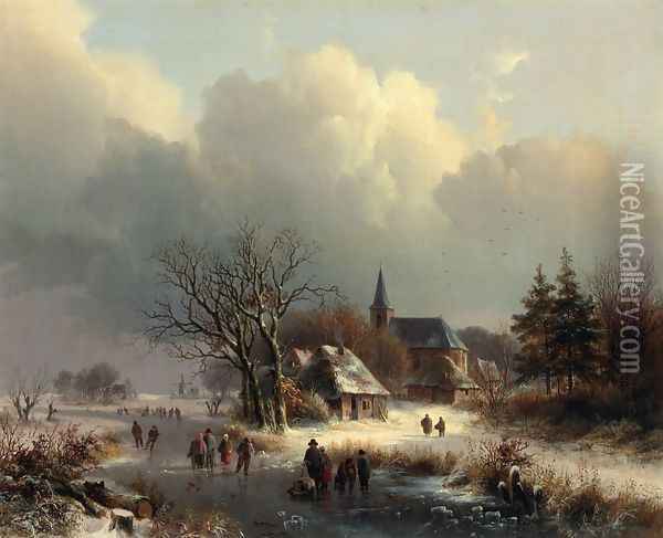 Figures on a Frozen River in Winter Oil Painting - Johann Bernard Klombeck