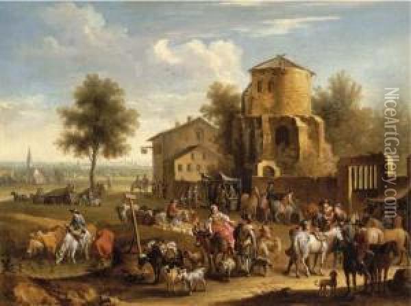 A Market Scene With A City In The Distance Oil Painting - Joseph Stephan