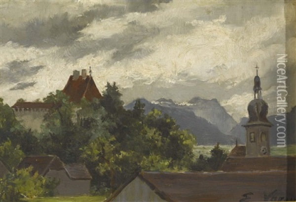 Le Chateau Et Le Village De Vaulruz (fribourg) Oil Painting - Elise Voruz