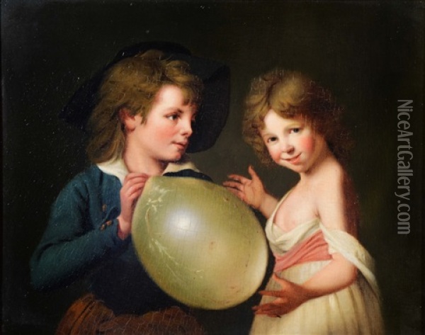Two Children With Blown Bladder Oil Painting - Anna Frances Connor Simpson