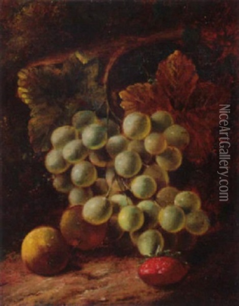 Grapes, Apples, And A Strawberry, On A Mossy Bank Oil Painting - George Clare