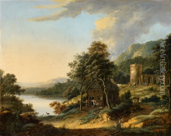 Wooded River Landscape With A Farmhouse And Ruins Oil Painting - Johann Christian Vollerdt