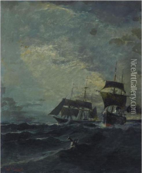 Boats At Sea Oil Painting - Constantinos Volanakis