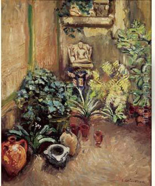 Plantes Vertes Et Bouddha Sur La Terrasse, Circa 1930. Oil Painting - Emile-Othon Friesz