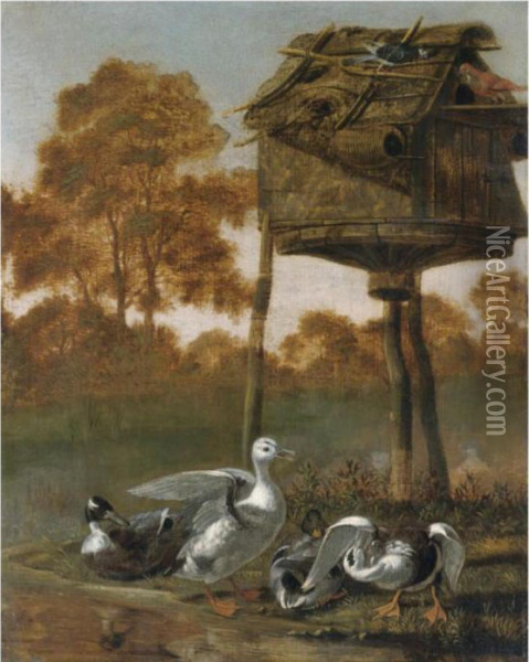 Ducks By A River With Other Birds Perched On A Birdhouse Oil Painting - Dirck Wyntrack