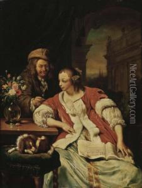 A Man Offering A Glass Of Wine 
To An Elegant Young Lady Studyingmusic In An Interior, A Flower Still 
Life On A Table Oil Painting - Frans van Mieris