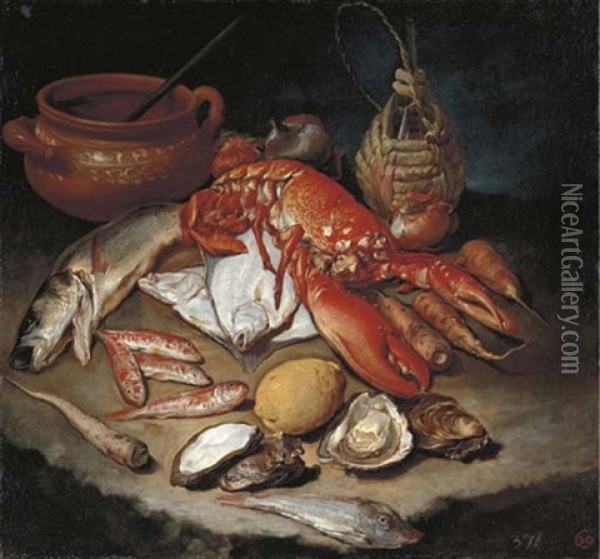 A Lobster, Herring, Turbot, Skate, Red Mullets And Oysters With Turnips, Onions, A Lemon, An Earthenware Pot And A Wicker And Glass Bottle On A Stone Ledge Oil Painting - Giacomo Ceruti