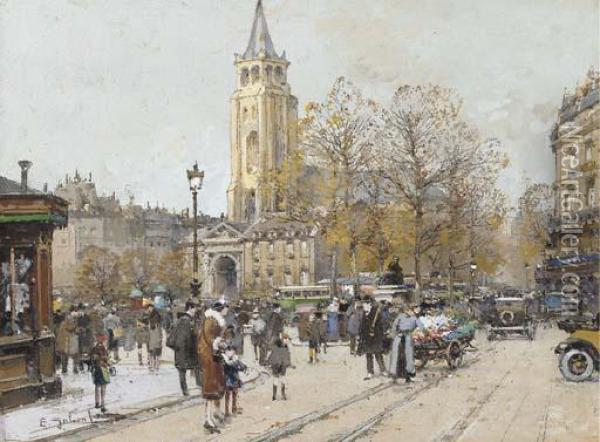 A Busy Paris Street With The Church Of St. Michael Beyond Oil Painting - Eugene Galien-Laloue