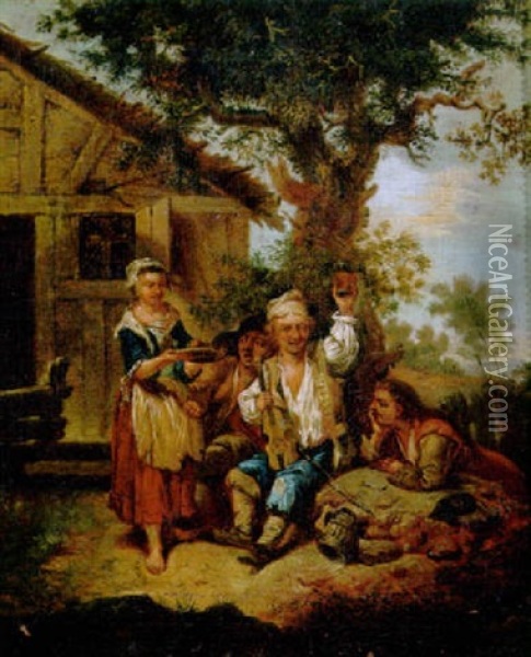 A Violinist Accompanied By Travellers Outside An Inn Oil Painting - Johann Conrad Seekatz