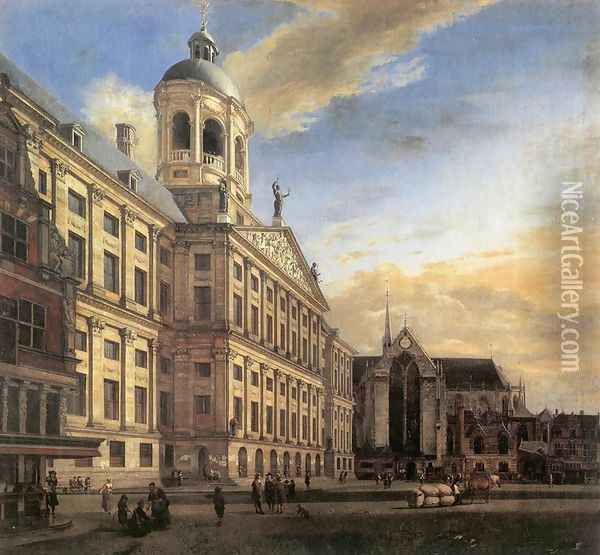 Amsterdam, Dam Square with the Town Hall and the Nieuwe Kerk 1667 Oil Painting - Jan Van Der Heyden