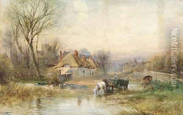 Horses pulling cart watering in a river by a rural village Oil Painting - Henry Charles Fox