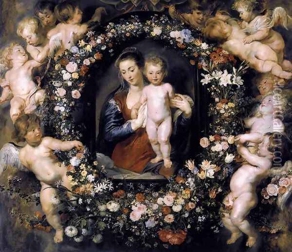Madonna in Floral Wreath c. 1620 Oil Painting - Peter Paul Rubens