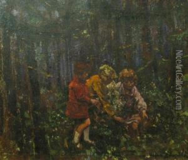 Copii In Padure Oil Painting - Octav Bancila