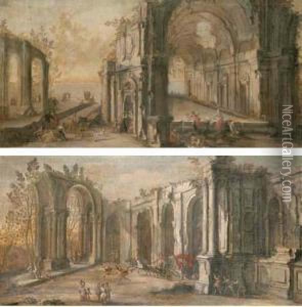 Washerwomen And Other Figures Among Architectural Ruins Oil Painting - Gherardo Poli