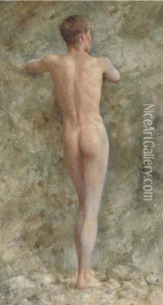 A Standing Male Nude Oil Painting - Henry Scott Tuke