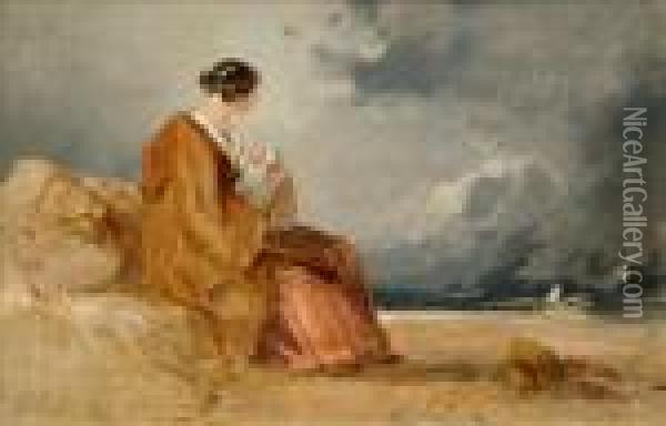 Mother And Child On A Beach Oil Painting - David I Cox
