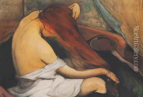 Woman Brushing her Hair Oil Painting - Wladyslaw Slewinski