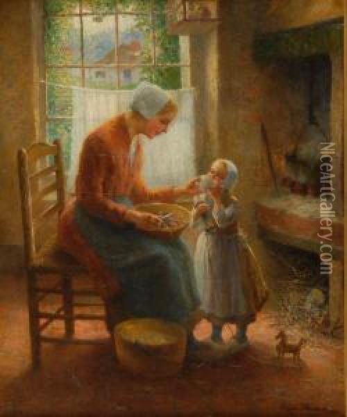 Interior Domestic Scene With Mother And Daughter Seated By A Fire. Oil Painting - Carl Eugene Mulertt