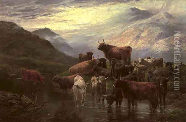 Cattle watering in a highland landscape Oil Painting - Robert Watson