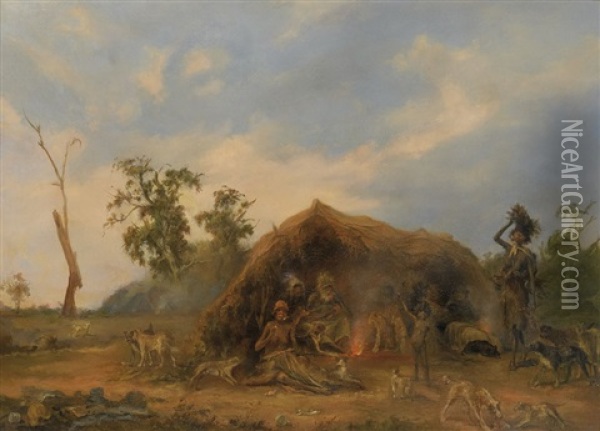 Native Encampment In South Australia Oil Painting - Alexander Schramm