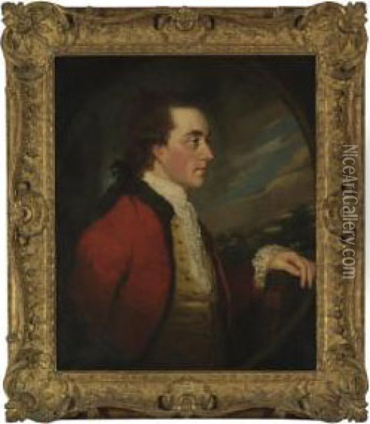 Portrait Of Admiral Charles 
Hamilton, Half-length, In A Red Coat With Fur Trim, Holding A Book By 
Milton, A Landscape Beyond, In A Feigned Oval Oil Painting - James Northcote