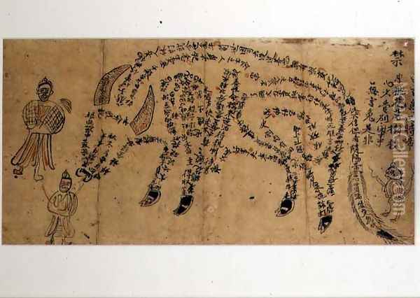 Handpainted incantation depicting a water buffalo composed of a poem with three Taoist priests, South Chinese Oil Painting - Anonymous Artist