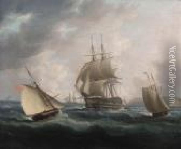 A Man Of War And Further Shipping Off The Coast Oil Painting - Thomas Buttersworth