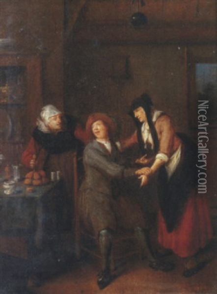 Tweeerlei Keus: An Elegant Couple With An Old Woman In An Interior Oil Painting - Jan Miense Molenaer
