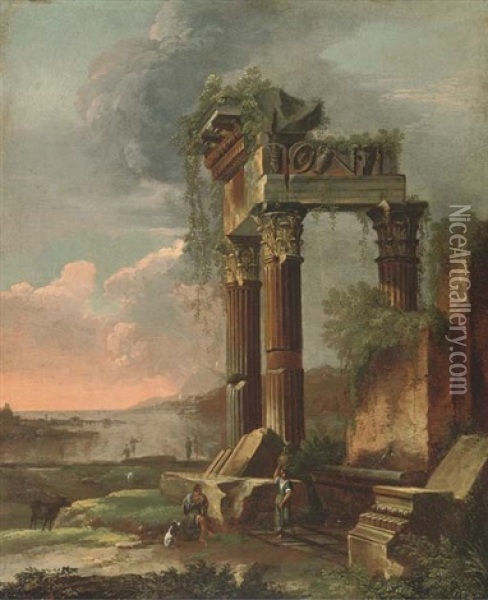 A Capriccio Of Classical Ruins With Figures In The Foreground Oil Painting - Gennaro Greco