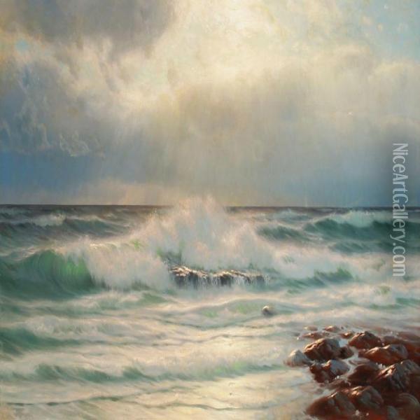 Breakers At Sunset Oil Painting - Johannes Hardes