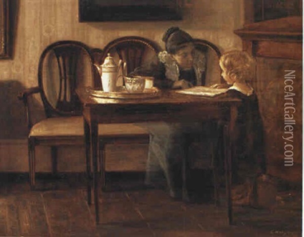 Interior Med Mor Og Barn Oil Painting - Carl Vilhelm Holsoe
