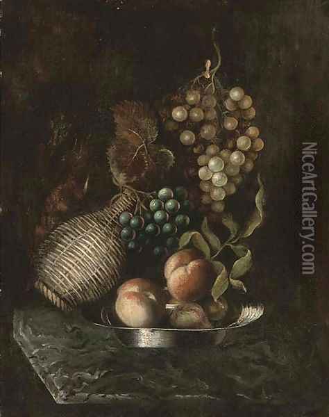 Grapes, a bottle, and peaches on a platter, on a marble ledge Oil Painting - William Jones Of Bath