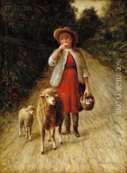Girl With Sheep Oil Painting - Wesley Webber
