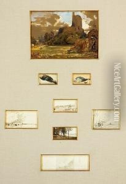A Group Of Watercolors And Drawings Of Various Subjects And Sizes, Framed Together Oil Painting - Louis Desiree Thienon