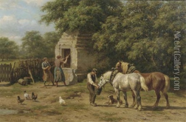 De Gasthuisput Bij Bemelen, Limburg: Fresh Water For The Horses Oil Painting - Willem Carel Nakken