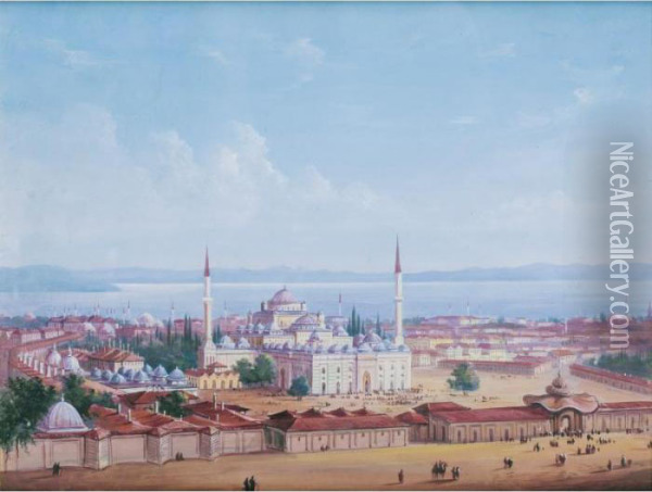 Mosquees A Constantinople Oil Painting - Carlo Bossoli