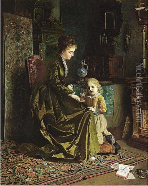 Waiting For Father's Homecoming Oil Painting - Johann Hamza