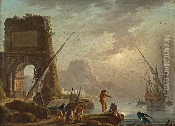 Fisherfolk In A Mediterranean Port Oil Painting - Charles Francois Lacroix de Marseille