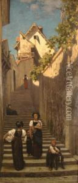 Figures On Staircase Oil Painting - Jules Didier