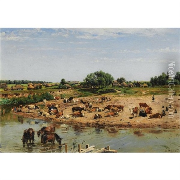 Cattle By The River Oil Painting - Vladimir Egorovich Makovsky