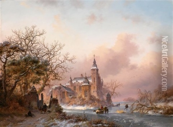 Figures On A Frozen Waterway, A Snow Covered Castle In The Background Oil Painting - Frederik Marinus Kruseman